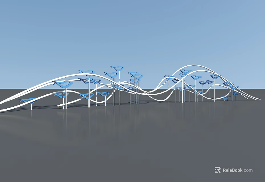Outdoor Landscape Sculpture With White Wavy Structure And Blue Birds Design 3d model 