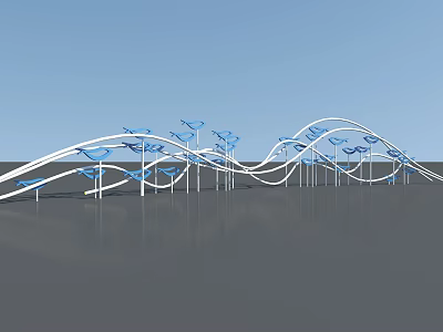 Outdoor Landscape Sculpture With White Wavy Structure And Blue Birds Design 3d model