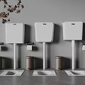 Three Modern Squat Toilets with White Tanks Brown Trash Bins and Toilet Paper Holders
