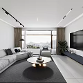 Modern Living Dining Room Interior With White Cabinets Dining Table Gray Chairs Sofa And Lighting