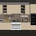 Modern Kitchen Interior With White Cabinets Built In Oven And Storage Shelves