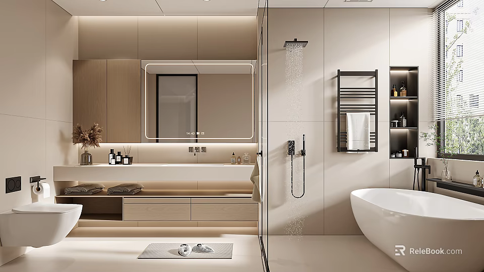 Modern Bathroom Interior Design With Large Mirror Vanity Bathtub And Shower Area 3d model 