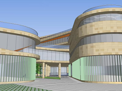 Modern Circular Building With Glass Curtain Walls Stone Exterior And Atrium Design 3d model