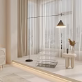 Modern Beige Bedroom Interior Design With Curved Lighting Platform Bed And Nightstands