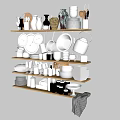 Organized Dinnerware Set With Bowls Plates Mugs Vases On Wooden Shelves
