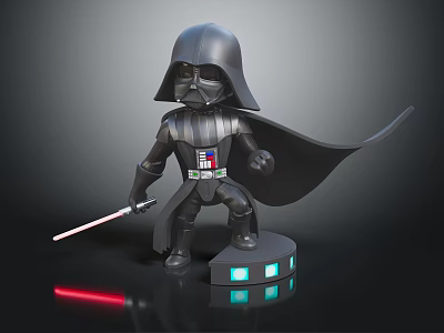Darth Vader Figurine With Black Armor Flowing Cloak And Red Lightsaber On Illuminated Base 3d model