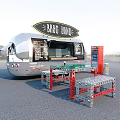 BBQ Food Truck Setup With Red Beverage Vending Machine Metal Table And Benches