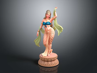 Woman in Blue Blouse and Pink Sari with Green Scarf on Lotus Base Dancing 3d model