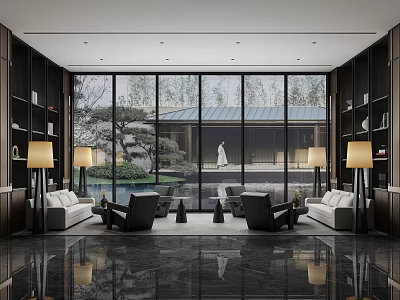 Modern Hotel Public Lounge Area With Floor to Ceiling Windows Comfortable Sofas and Wooden Bookshelves 3d model