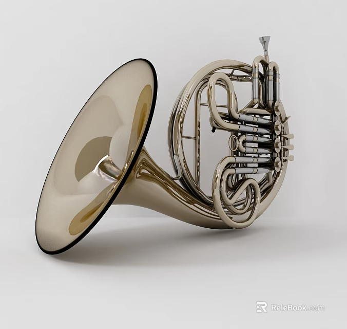 Brass French Horn Musical Instrument With Shiny Golden Finish And Intricate Pipes 3d model 