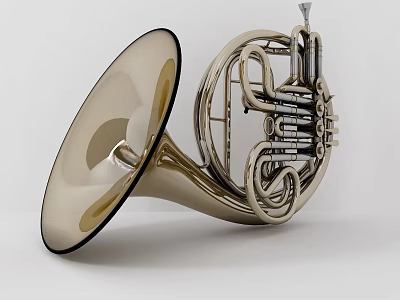 Brass French Horn Musical Instrument With Shiny Golden Finish And Intricate Pipes 3d model