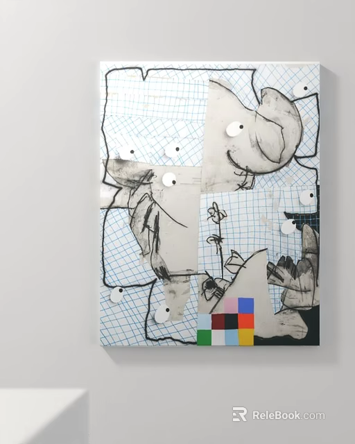 Collage Artwork On Grid Paper With Black White Drawings Circular Stickers And Colorful Squares 3d model 