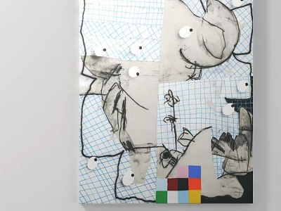 Collage Artwork On Grid Paper With Black White Drawings Circular Stickers And Colorful Squares 3d model