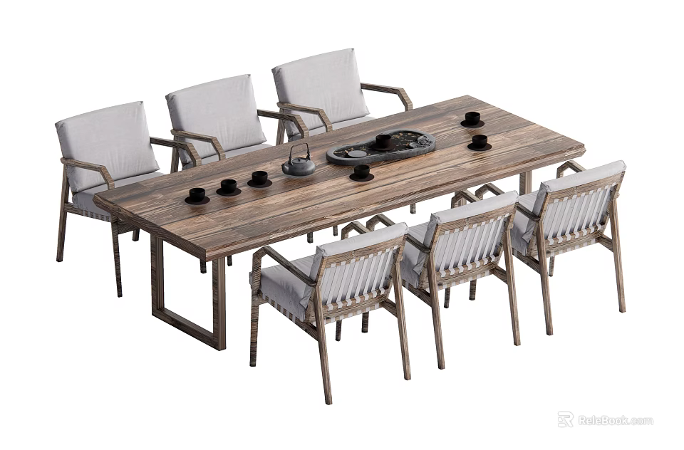 Rustic Wooden Dining Table Set With Six Light Gray Woven Back Chairs 3d model