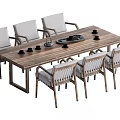 Rustic Wooden Dining Table Set With Six Light Gray Woven Back Chairs 3d model