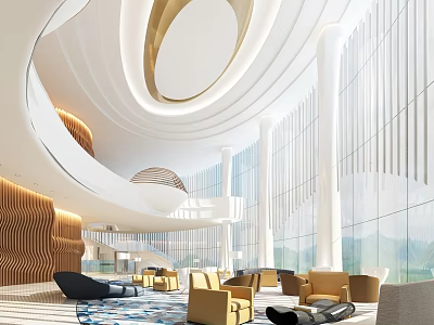 Modern Hotel Reception Lobby With Curved Ceiling Floor to Ceiling Windows and Comfortable Seating 3d model