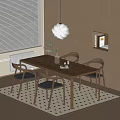 Wooden Dining Table Set With Four Gray Chairs Plant Vase Magazine Candles On Checkered Rug