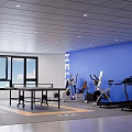 Modern Leisure Area With Blue Walls Lockers Ping Pong Table Windows And Fitness Equipment