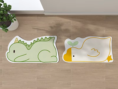 Cute Green Dinosaur and Yellow Duck Shaped Rugs on Wooden Floor with Leaf Decor 3d model