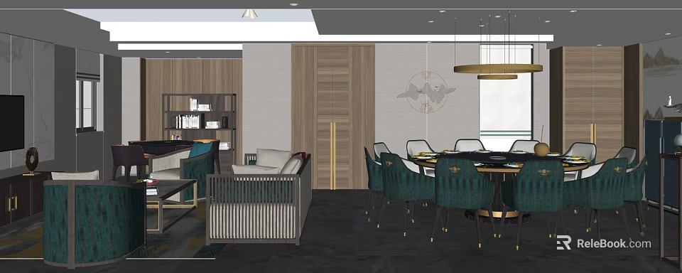 Luxurious Private Room Interior With Green Chairs Dining Table And Chandelier 3d model 