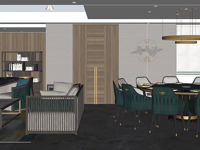 Luxurious Private Room Interior With Green Chairs Dining Table And Chandelier 3d model