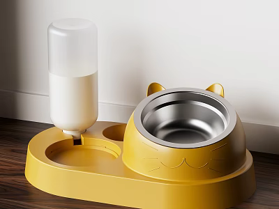 Yellow Cat Feeder With Cat Ear Design Transparent Water Bottle And Stainless Steel Bowl 3d model