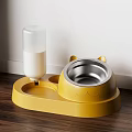 Yellow Cat Feeder With Cat Ear Design Transparent Water Bottle And Stainless Steel Bowl