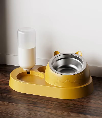 Yellow Cat Feeder With Cat Ear Design Transparent Water Bottle And Stainless Steel Bowl 3d model