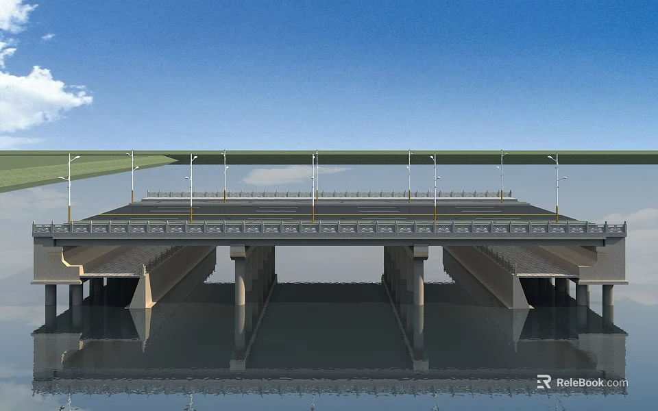 Modern Multi level Bridge with Railings Under Blue Sky and Water Surface 3d model