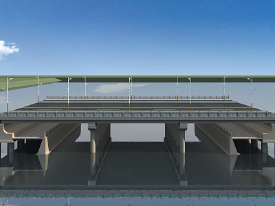 Modern Multi level Bridge with Railings Under Blue Sky and Water Surface 3d model