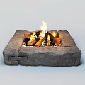 Square Stone Built Fire Pit With Burning Wood Logs And Flames 3d model