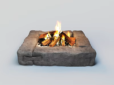 Square Stone Built Fire Pit With Burning Wood Logs And Flames 3d model