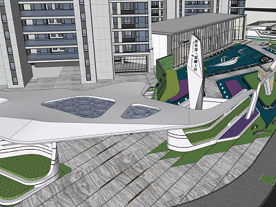 Modern Pergola Design With High Rise Buildings Colorful Landscape And Geometric Paving 3d model