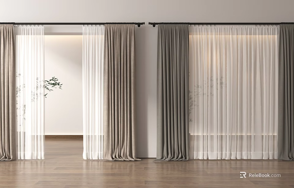 Modern Minimalist Curtains With Dual Layer Velvet Sheer In White Beige Gray For Interior Room Wooden Floor 3d model 