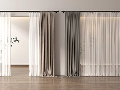 Modern Minimalist Curtains With Dual Layer Velvet Sheer In White Beige Gray For Interior Room Wooden Floor 3d model