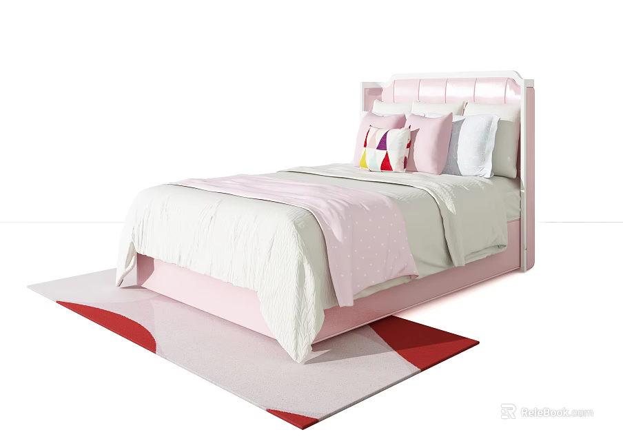 Pink Kids Bed with Tufted Headboard Soft Mattress Colorful Pillows and Red White Rug 3d model 