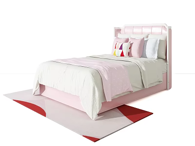Pink Kids Bed with Tufted Headboard Soft Mattress Colorful Pillows and Red White Rug 3d model