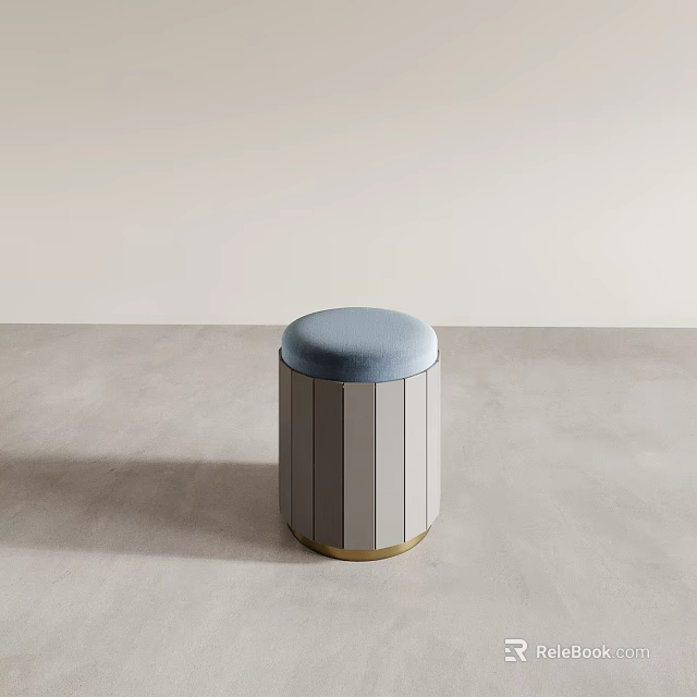 Blue Cushioned Stool With Vertical Slats And Golden Base On Light Floor 3d model 