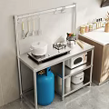Wooden Kitchen Cabinets Featuring Metal Shelf Microwave Cooking Utensils And Storage Boxes