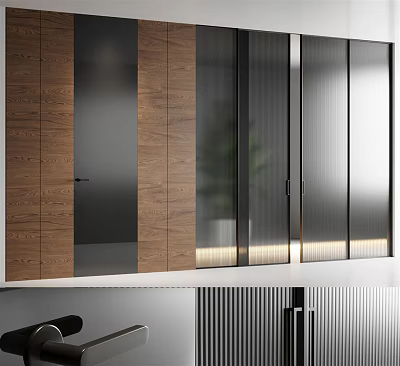 Modern Interior Design With Sleek Wooden And Glass Sliding Doors And Lighting Effects 3d model