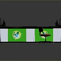 Green And White Reception Desk With Logo Computer Monitor And Orange Chair