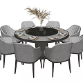 Modern Round Dining Table Set With Grey Chairs And Black Tabletop 3d model