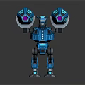 Blue Futuristic Robot With Spherical Arms And Purple Glowing Mechanical Parts