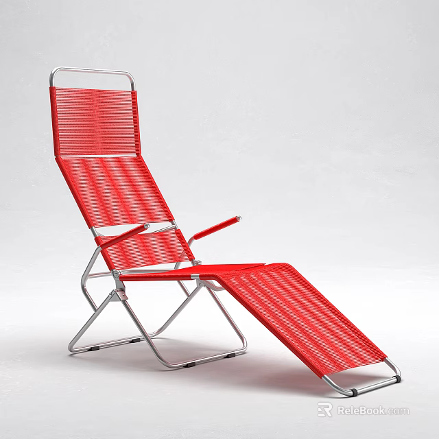 Red Foldable Lounge Chair With Metal Frame And Striped Mesh Design 3d model 