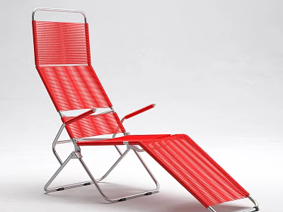 Red Foldable Lounge Chair With Metal Frame And Striped Mesh Design 3d model