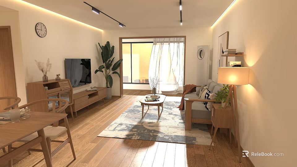 Modern Cozy Living and Dining Room Interior With Wooden Furniture Sofa Coffee Table And Plants 3d model 