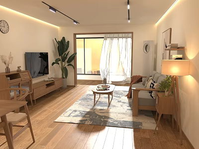 Modern Cozy Living and Dining Room Interior With Wooden Furniture Sofa Coffee Table And Plants 3d model