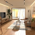 Modern Cozy Living and Dining Room Interior With Wooden Furniture Sofa Coffee Table And Plants