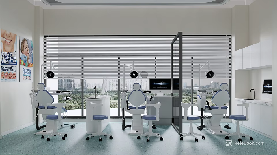 Modern Dental Clinic With Multiple Treatment Chairs Instruments Large Windows Roller Blinds And City View 3d model 