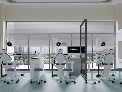 Modern Dental Clinic With Multiple Treatment Chairs Instruments Large Windows Roller Blinds And City View 3d model